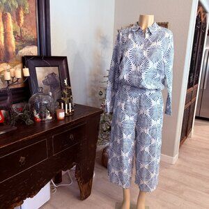 joie linen Pant & Blouse Set Blue Batik in a coastal print on a white backdrop